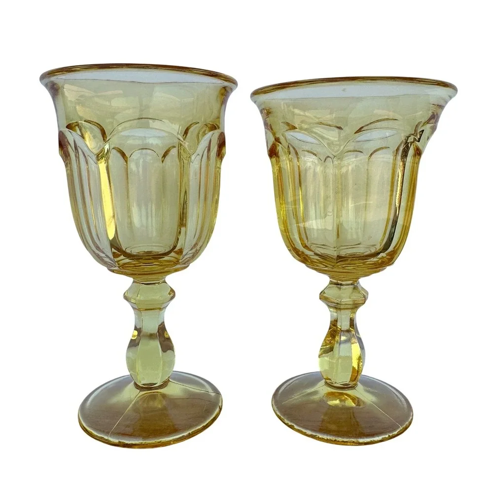 Vintage Amber Glass Goblets Set of 2 Fluted Stemware Mid Century Modern Yellow